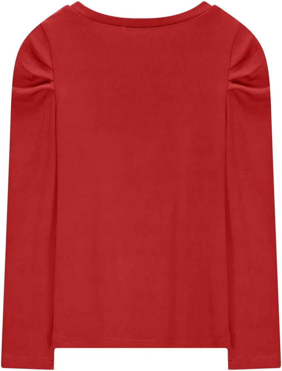 Girls Long Sleeve Puff Shoulder Top Lightweight Cotton Crewneck Casual Daily Shirt School Stylish Outfits