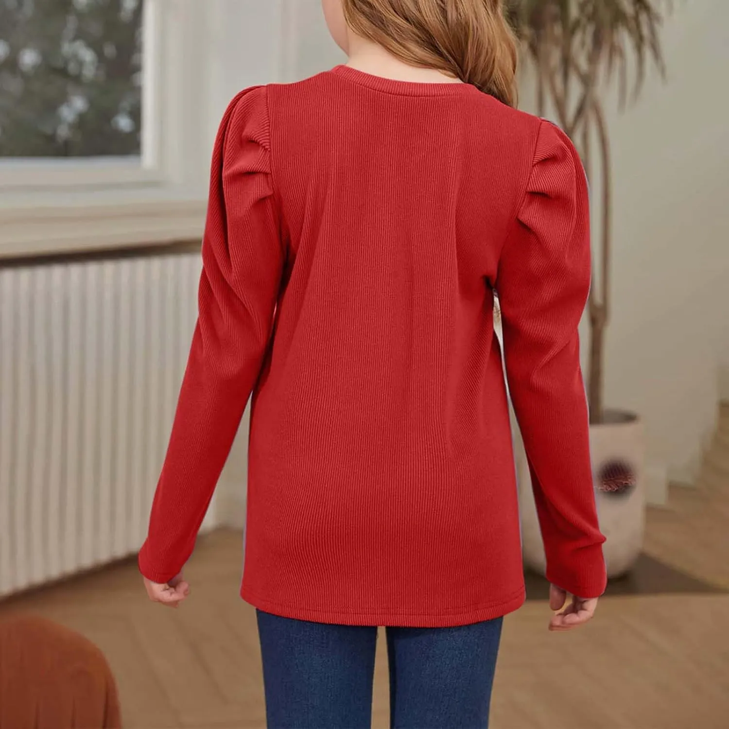 Girls Long Sleeve Puff Shoulder Top Lightweight Cotton Crewneck Casual Daily Shirt School Stylish Outfits