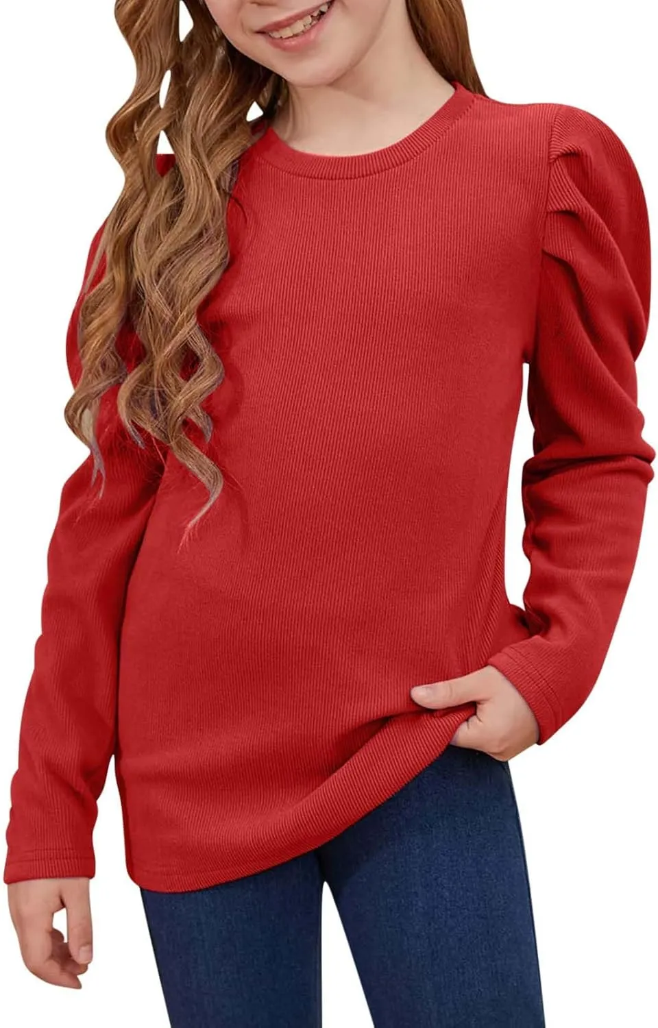 Girls Long Sleeve Puff Shoulder Top Lightweight Cotton Crewneck Casual Daily Shirt School Stylish Outfits