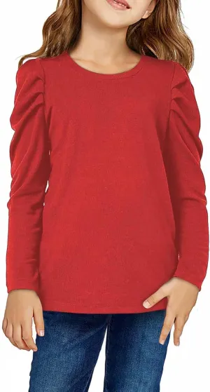 Girls Long Sleeve Puff Shoulder Top Lightweight Cotton Crewneck Casual Daily Shirt School Stylish Outfits