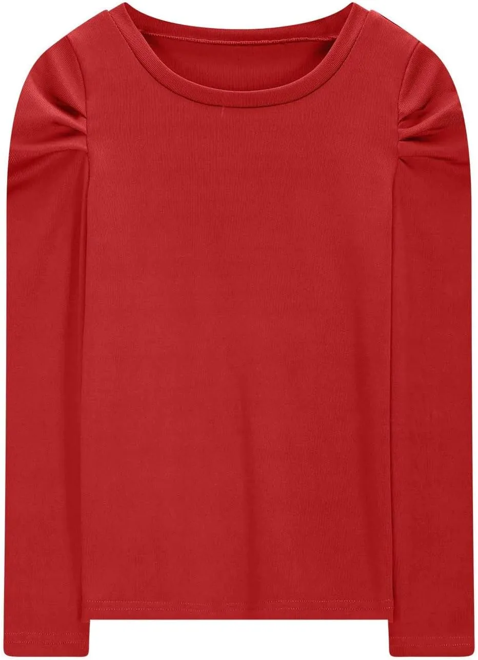Girls Long Sleeve Puff Shoulder Top Lightweight Cotton Crewneck Casual Daily Shirt School Stylish Outfits
