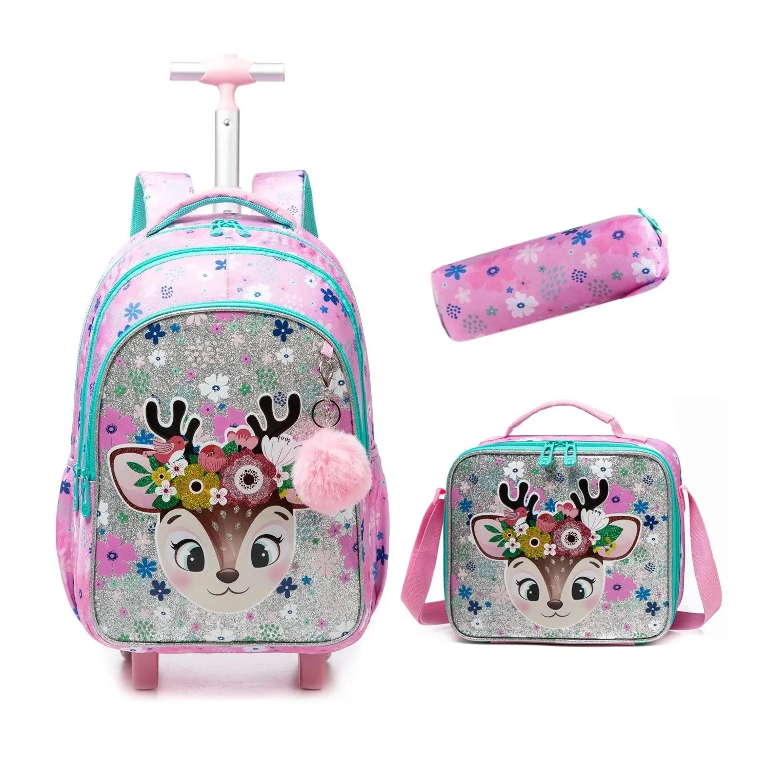 Girls School Backpack with Wheels | Rolling Trolley Bag Set for Boys with Lunch Bag