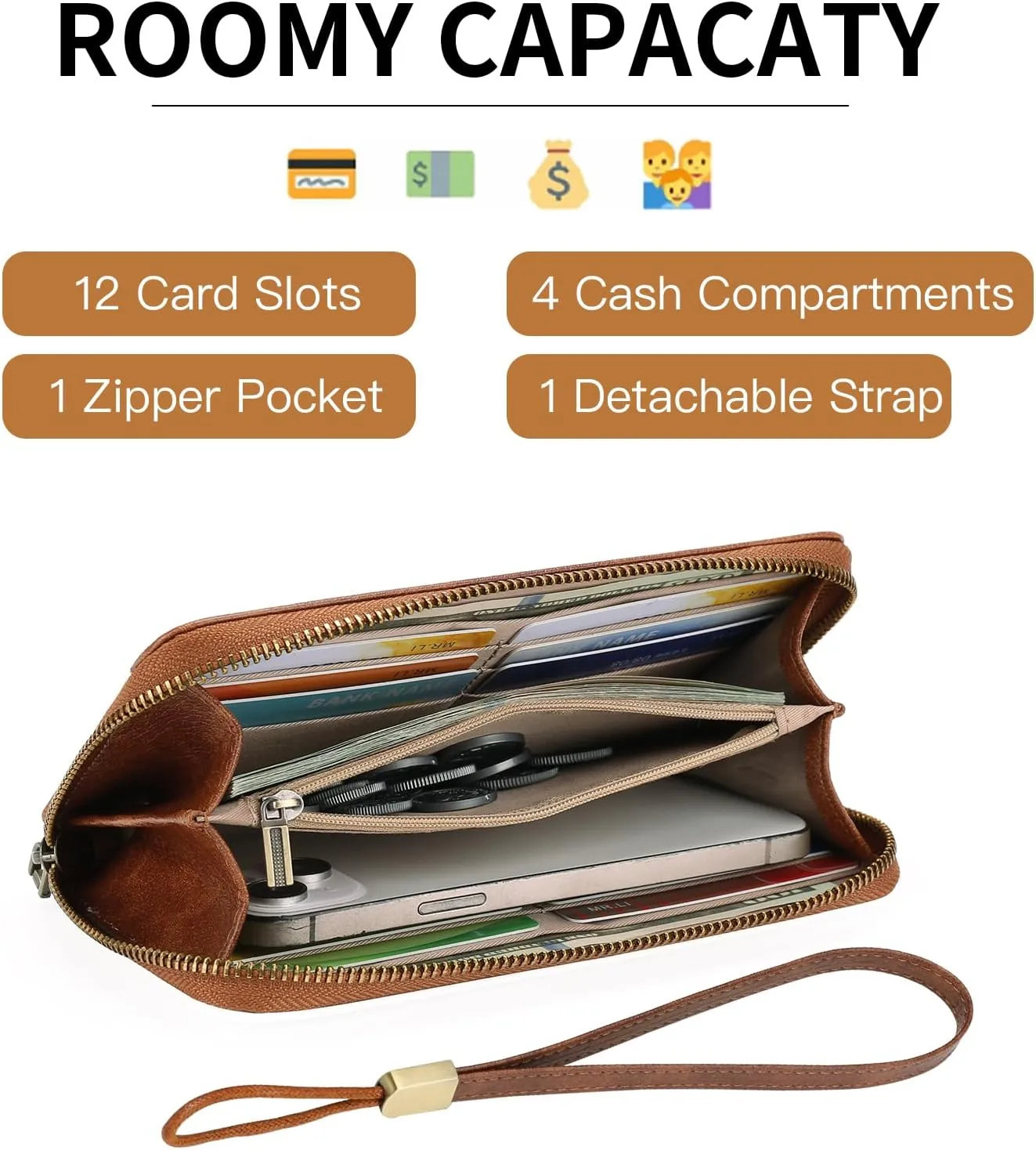 GOIACII Wallet for Women Ladies Wristlet Long Purse Zip Around Clutch RFID Blocking Vegan Leather