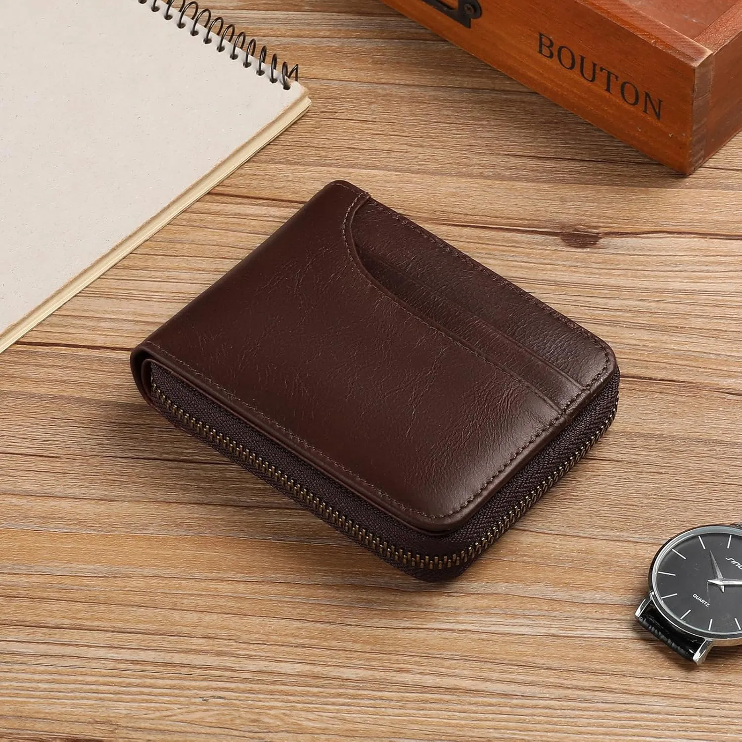 GOIACII Wallets for Men Genuine Leather Front Pocket Wallet RFID Zip Around Bifold Credit Card Holder
