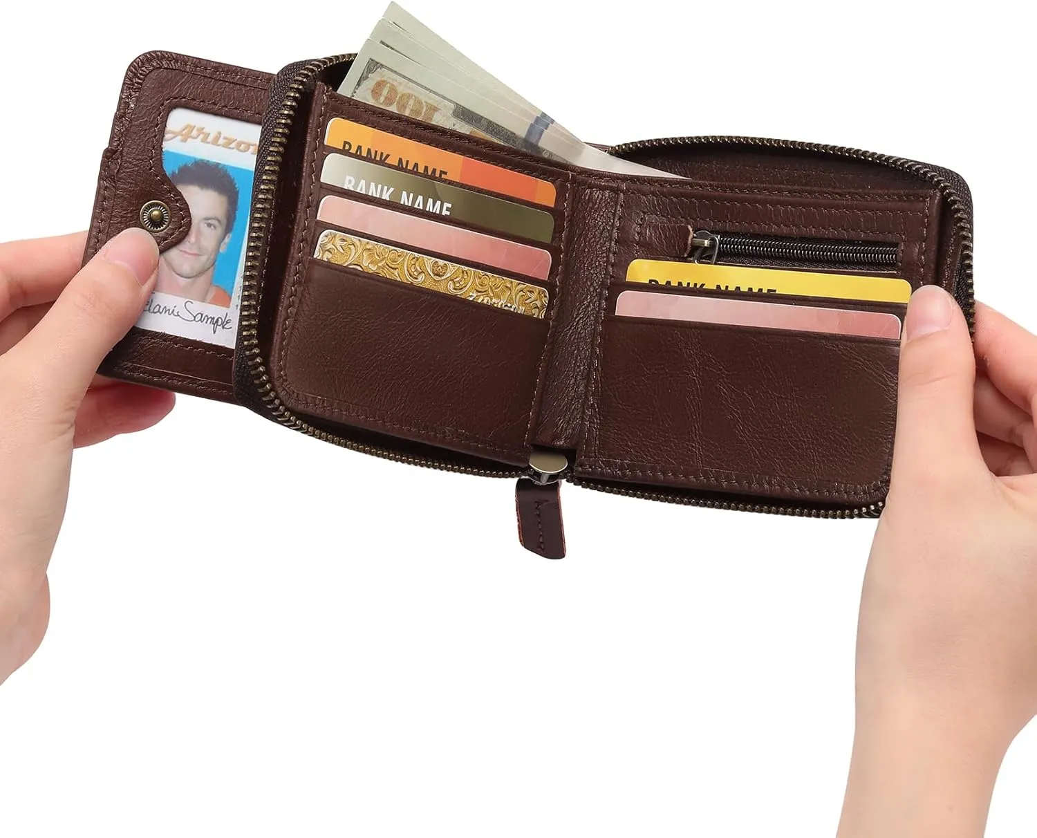 GOIACII Wallets for Men Genuine Leather Front Pocket Wallet RFID Zip Around Bifold Credit Card Holder