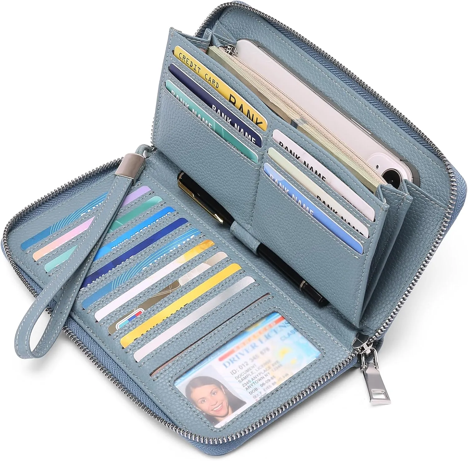 GOIACII Womens Wallet RFID Blocking Leather Zip Around Wallet Large Capacity Long Purse Credit Card Clutch Wristlet