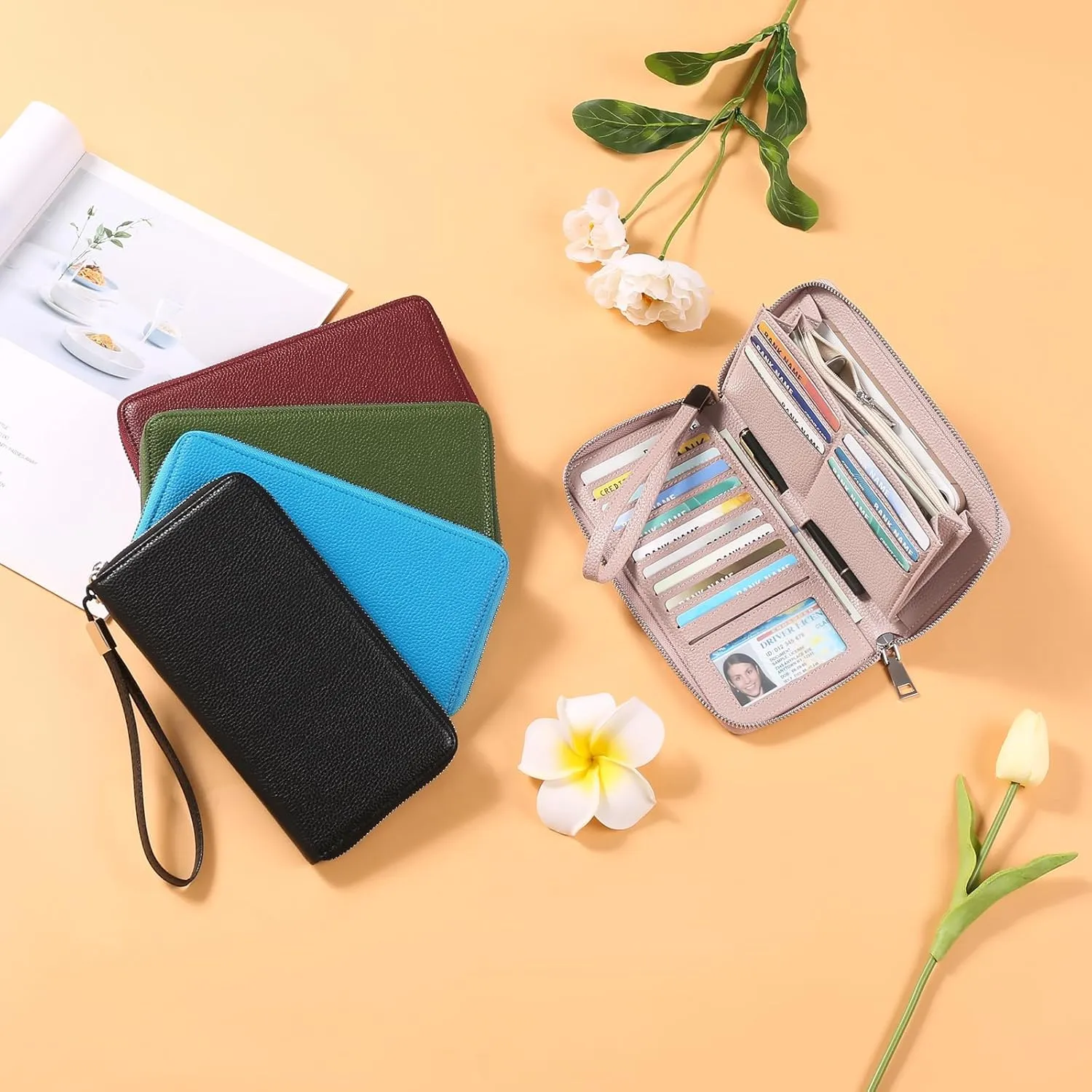 GOIACII Womens Wallet RFID Blocking Leather Zip Around Wallet Large Capacity Long Purse Credit Card Clutch Wristlet