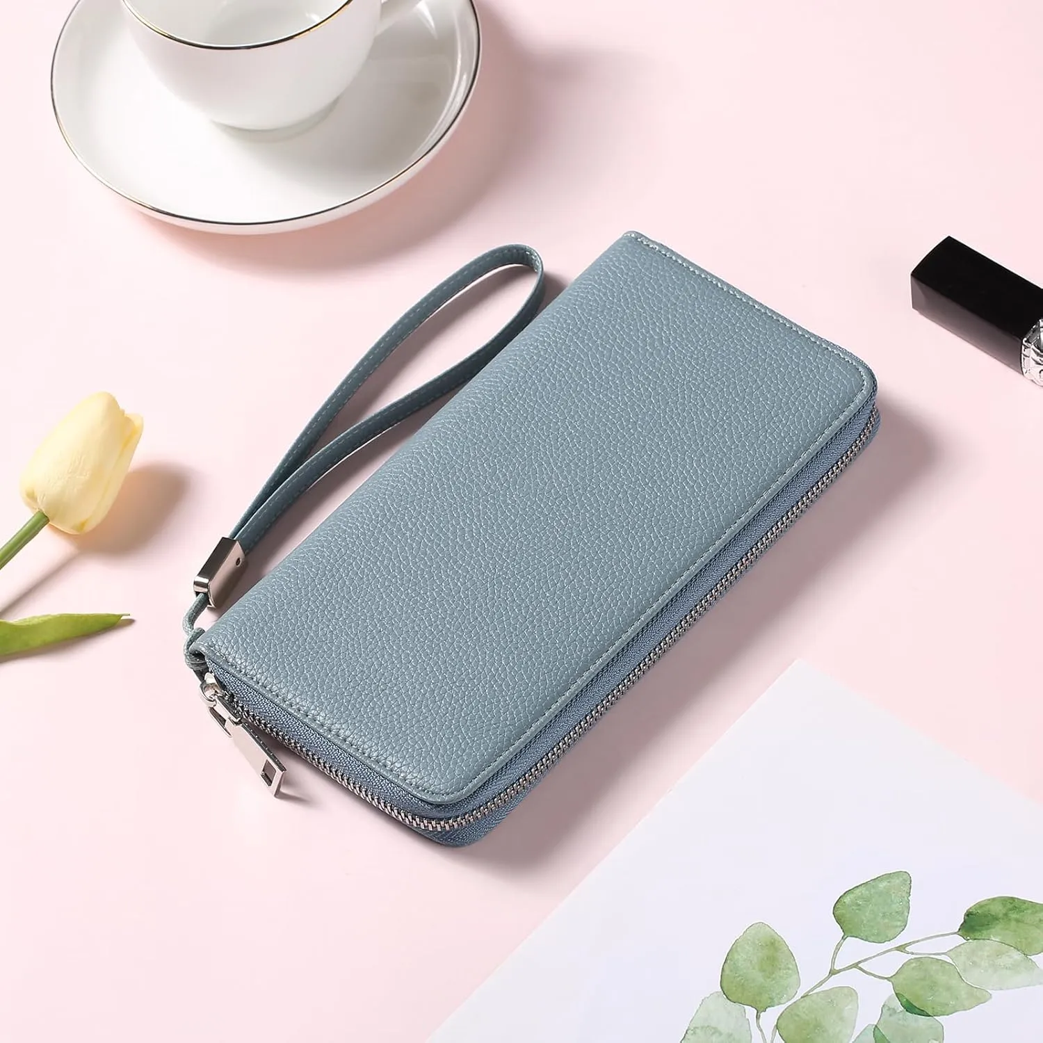GOIACII Womens Wallet RFID Blocking Leather Zip Around Wallet Large Capacity Long Purse Credit Card Clutch Wristlet
