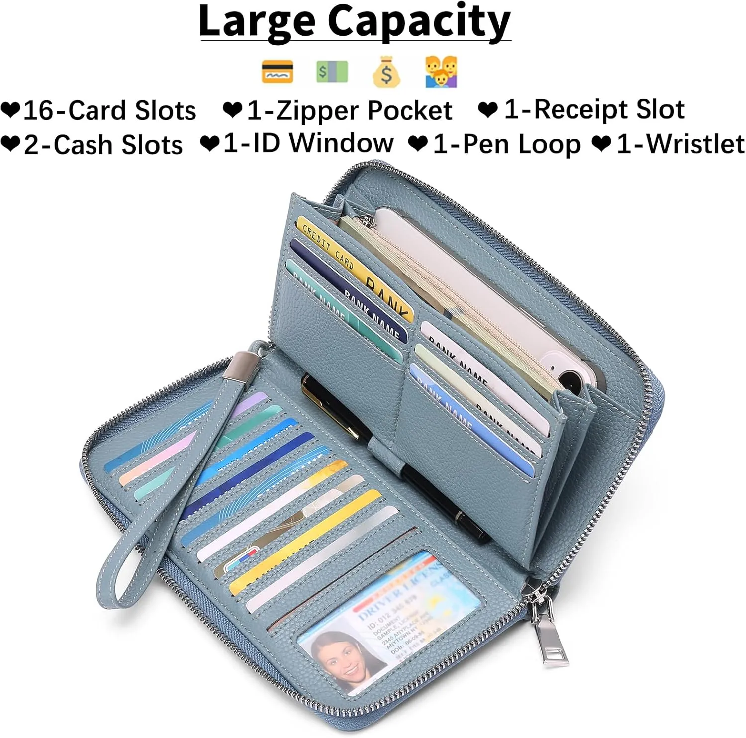 GOIACII Womens Wallet RFID Blocking Leather Zip Around Wallet Large Capacity Long Purse Credit Card Clutch Wristlet
