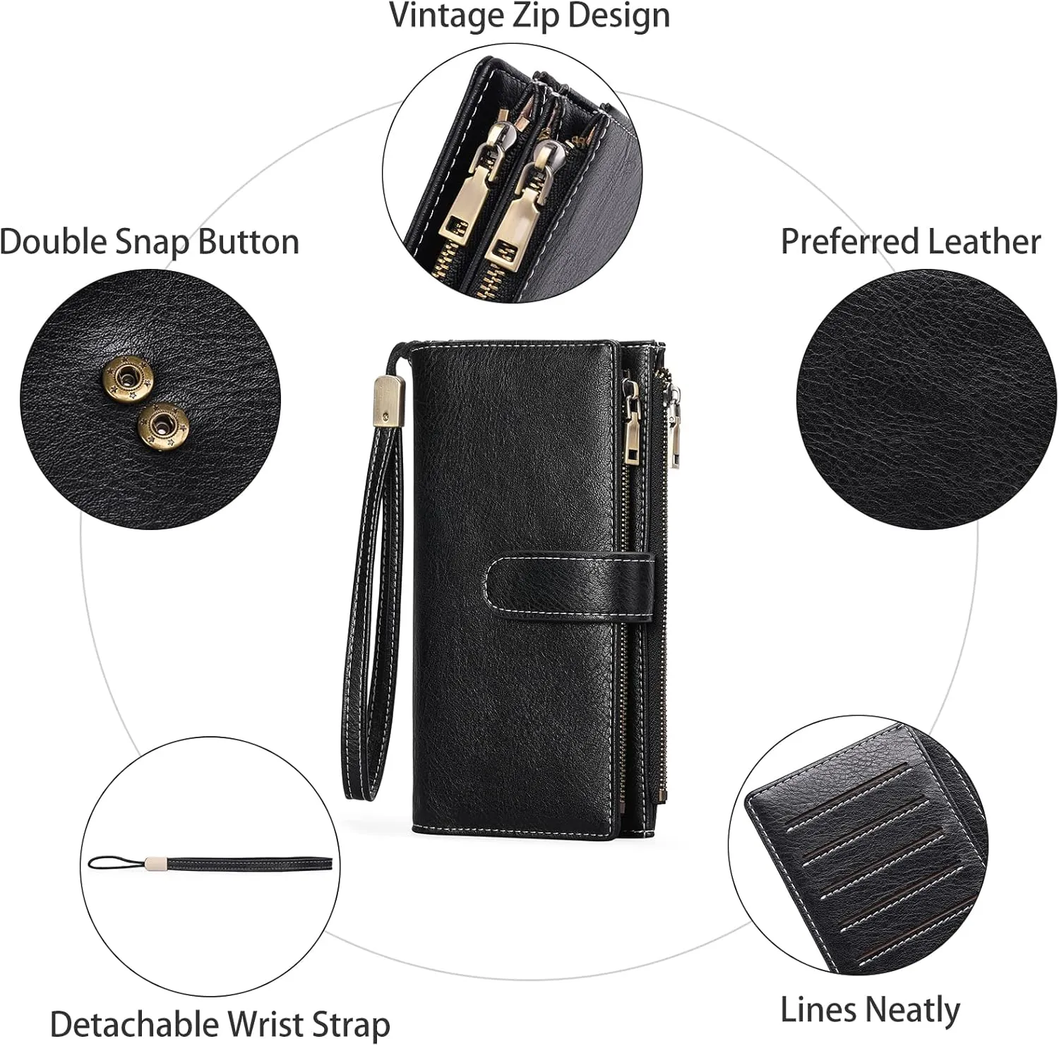 GOIACII Womens Wallets Large Capacity Credit Card Holder Rfid Wallet Women Double Zipper Pocket Leather Bifold Ladies Wristlet Clutch Wallet