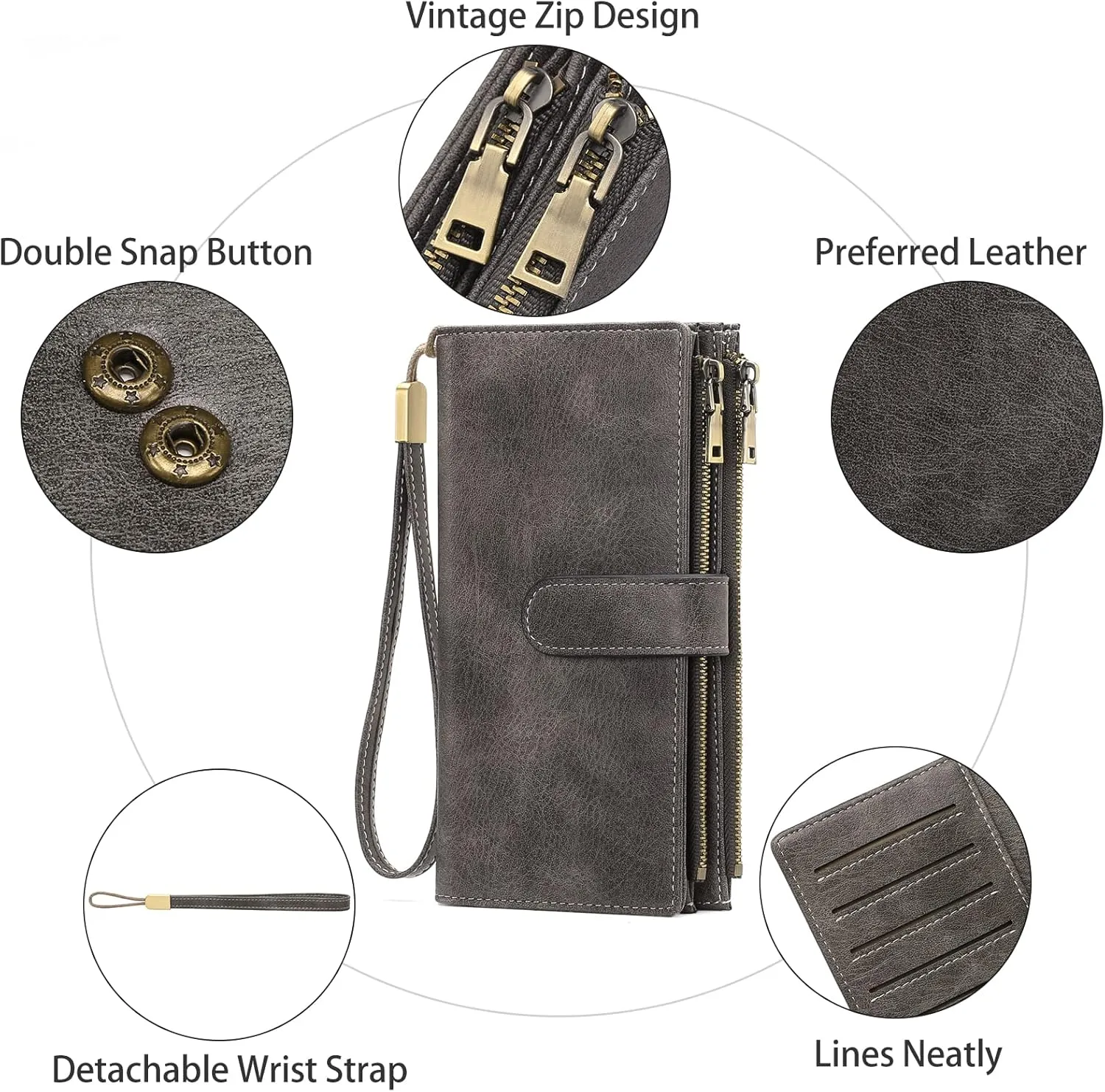 GOIACII Womens Wallets Large Capacity Credit Card Holder Rfid Wallet Women Double Zipper Pocket Leather Bifold Ladies Wristlet Clutch Wallet