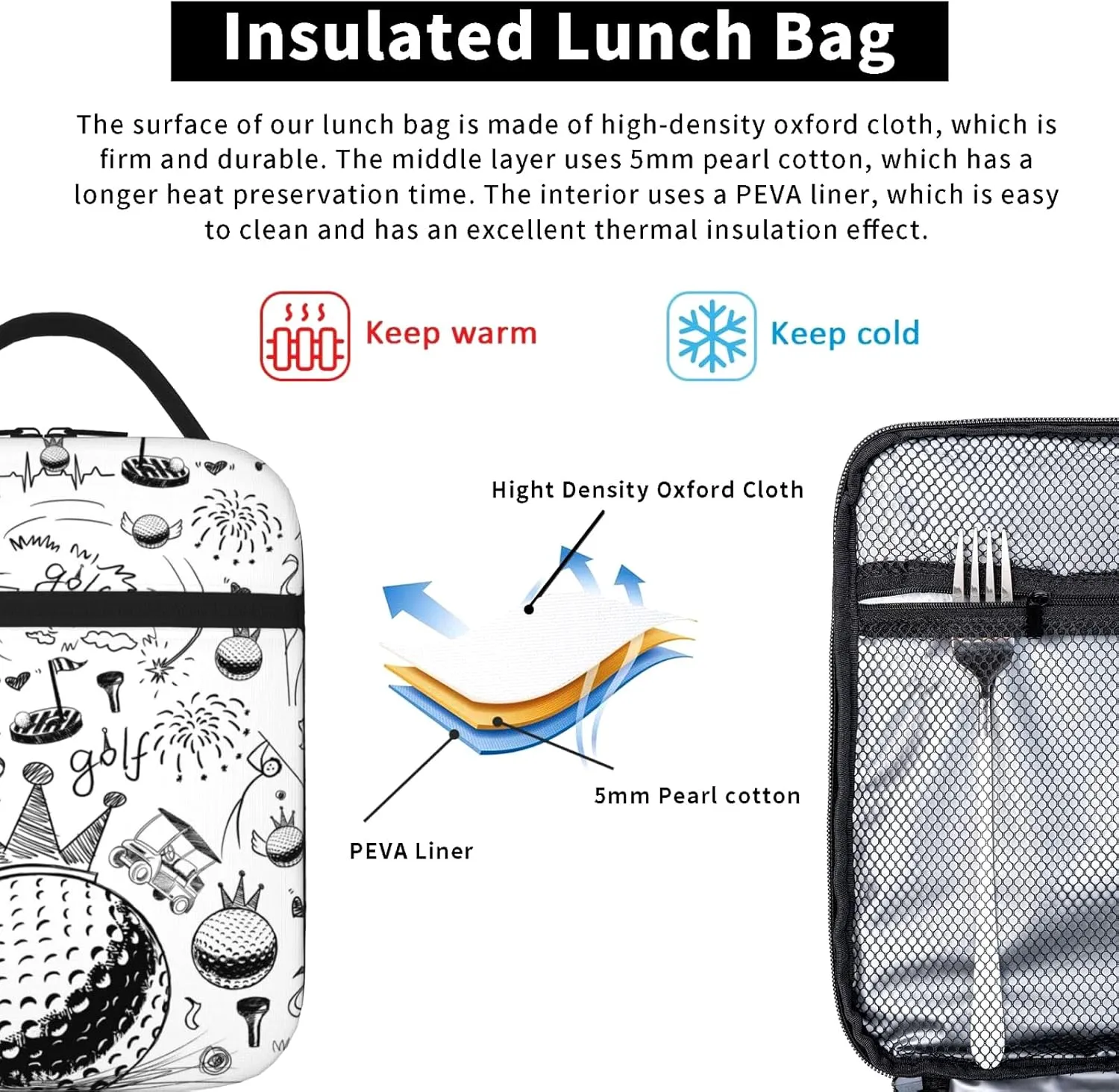 Golf Lunch Box Portable Insulated Cooler Lunch Bags Multicolor Cartoon Lunch Bag For Women Men Kids Boys Girls School Work Office Travel Picnic Gifts