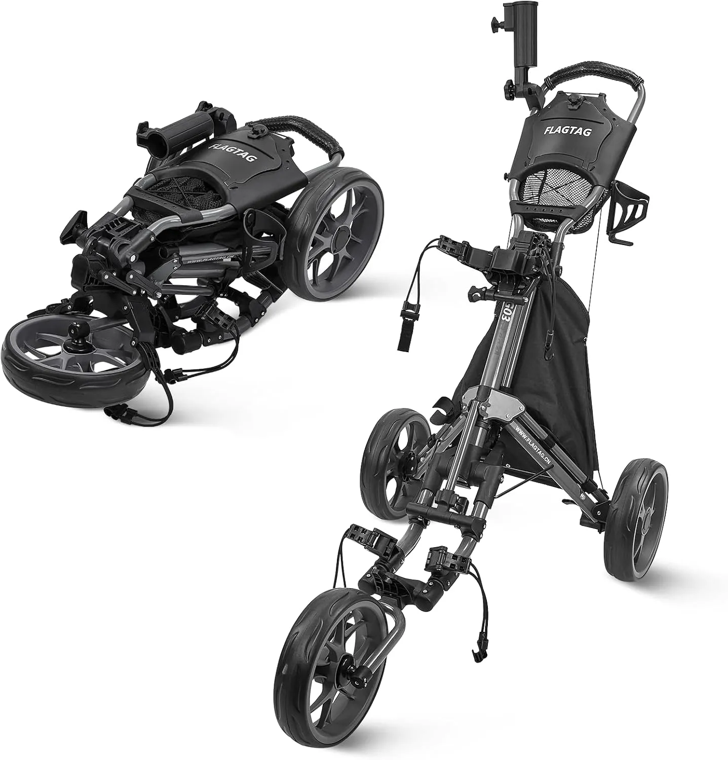 Golf Push Cart 3 Wheel,Foldable Golf Push Cart,Golf Bag Cart with Foot Brake,Umbrella Holder, Cup Holder, Storage Compartment