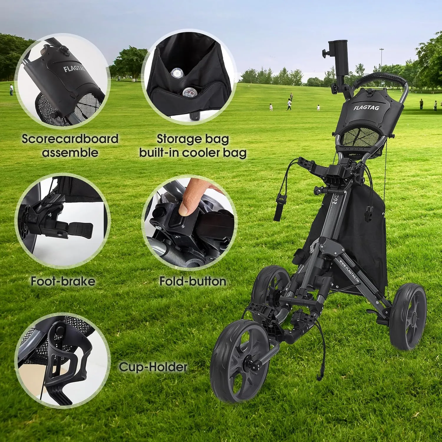 Golf Push Cart 3 Wheel,Foldable Golf Push Cart,Golf Bag Cart with Foot Brake,Umbrella Holder, Cup Holder, Storage Compartment