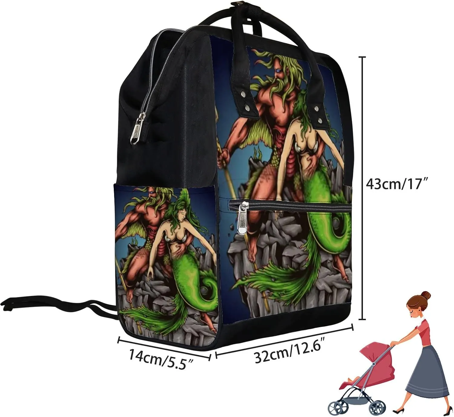 Green Mermaid Merman Poseidon Neptune Diaper Bag Backpack, waterproof backpack Baby Nappy Changing Bags Laptop Backpack for Travel, Large Capacity, Durable and Stylish for Woman and Men.
