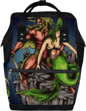 Green Mermaid Merman Poseidon Neptune Diaper Bag Backpack, waterproof backpack Baby Nappy Changing Bags Laptop Backpack for Travel, Large Capacity, Durable and Stylish for Woman and Men.