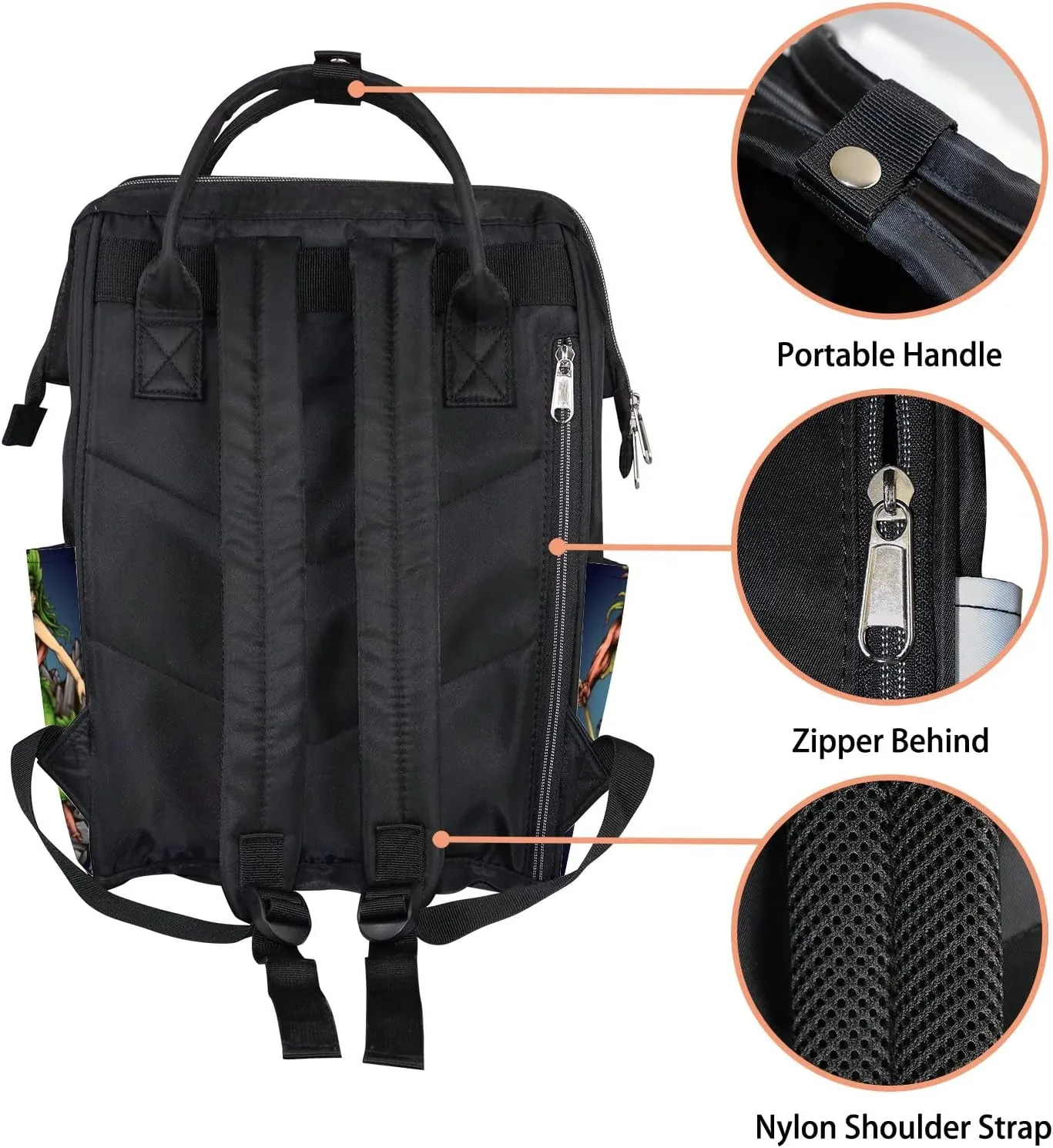 Green Mermaid Merman Poseidon Neptune Diaper Bag Backpack, waterproof backpack Baby Nappy Changing Bags Laptop Backpack for Travel, Large Capacity, Durable and Stylish for Woman and Men.