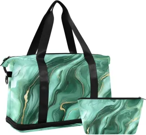 Greenish-gold Marble Oversized Travel Duffel Bag Large Carry On Bag with Toiletry Bag for Workout Large Capacity