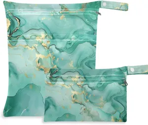 Greenish-gold Marble Texture zippered bags for swimsuits 2 Pack diaper bag essential items with handles for travel, bathing