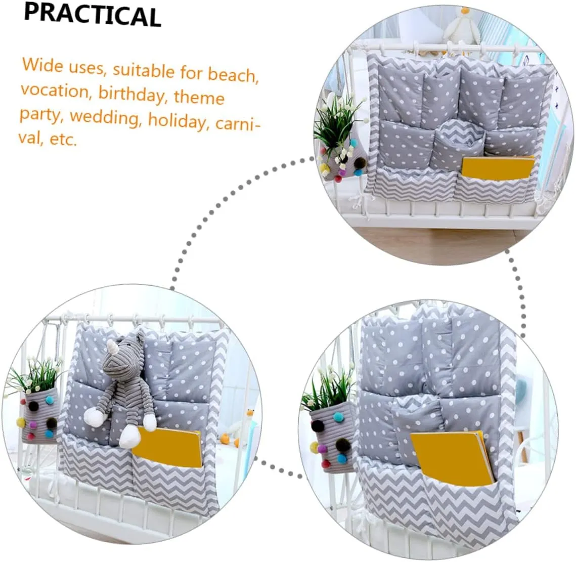 Grey Hanging Diaper Organizer for Baby Bed Crib Wall Bag Multi-pocket Storage Breathable Nappy Bag Organiser Wall Mountable