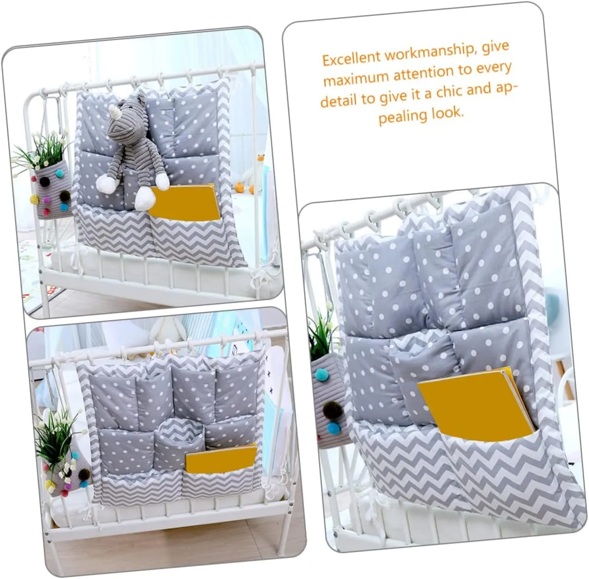 Grey Hanging Diaper Organizer for Baby Bed Crib Wall Bag Multi-pocket Storage Breathable Nappy Bag Organiser Wall Mountable