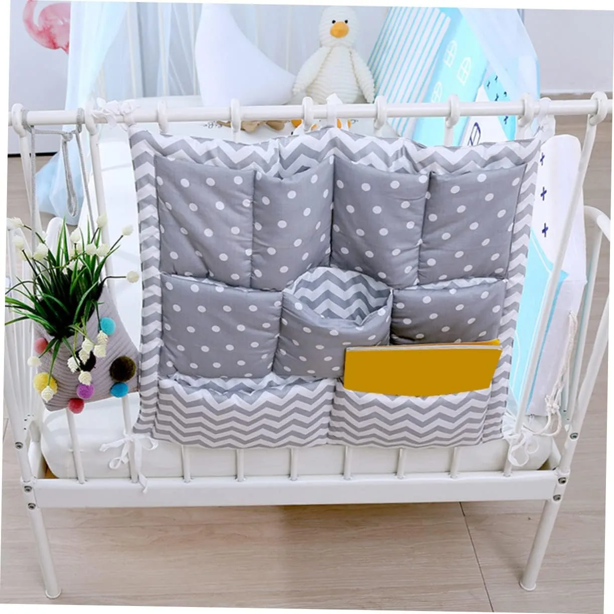 Grey Hanging Diaper Organizer for Baby Bed Crib Wall Bag Multi-pocket Storage Breathable Nappy Bag Organiser Wall Mountable