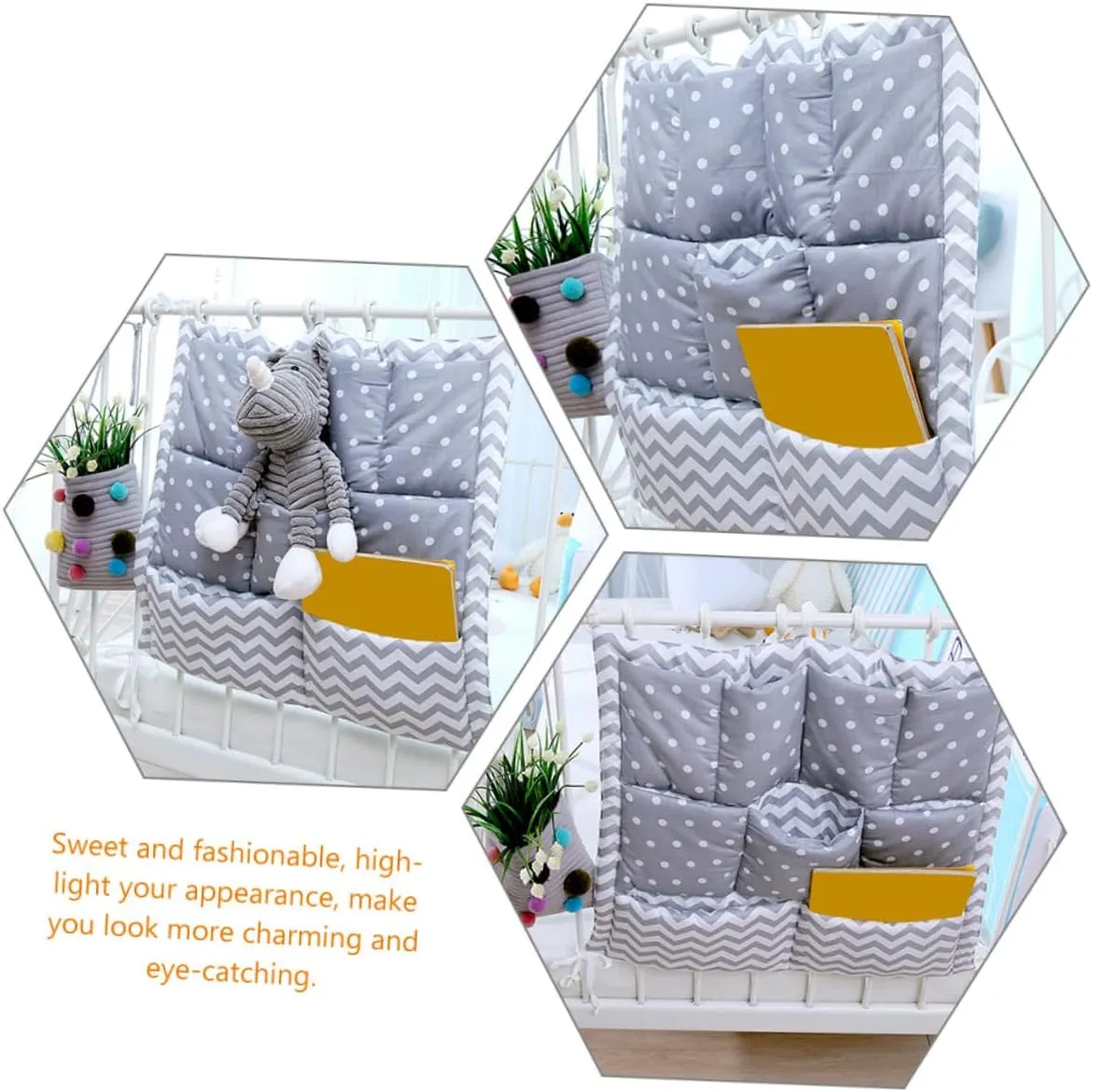 Grey Hanging Diaper Organizer for Baby Bed Crib Wall Bag Multi-pocket Storage Breathable Nappy Bag Organiser Wall Mountable