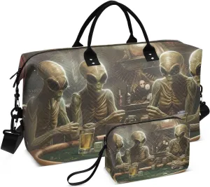 Group Alien Play Poker Travel Duffel Bag Gym Bag Sports Tote Bag with Multiple Interior Pockets Shoulder Weekender Bag for Women Men with Toiletry Bag 20.5”x 7.9”x 13.8”