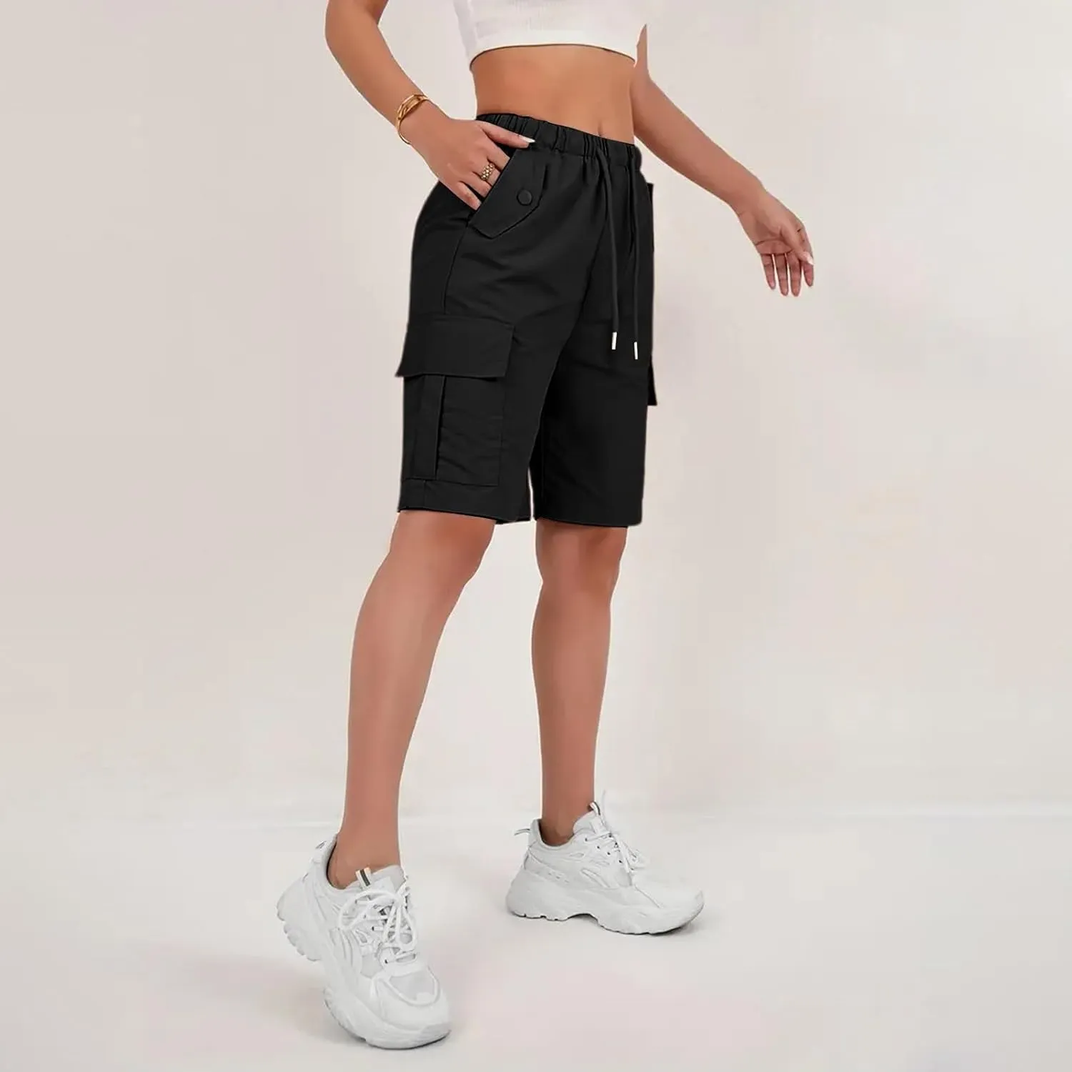 Gumipy Bermuda Shorts for Women Quick Dry Cargo Shorts with Pockets Elastic Waist Drawstring Knee Length Hiking Short