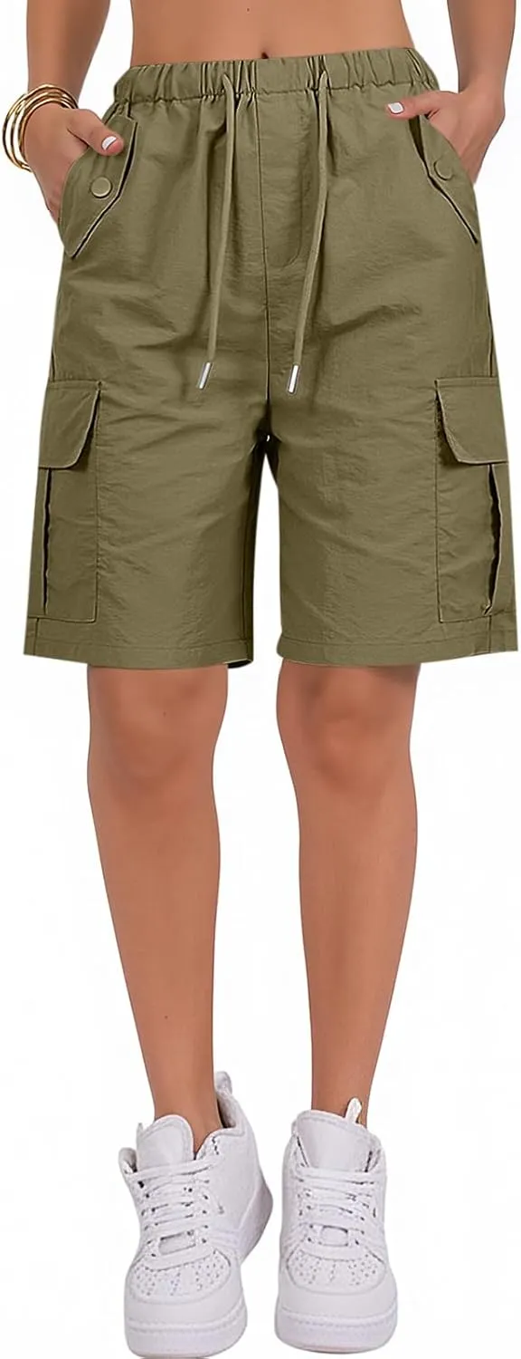 Gumipy Bermuda Shorts for Women Quick Dry Cargo Shorts with Pockets Elastic Waist Drawstring Knee Length Hiking Short