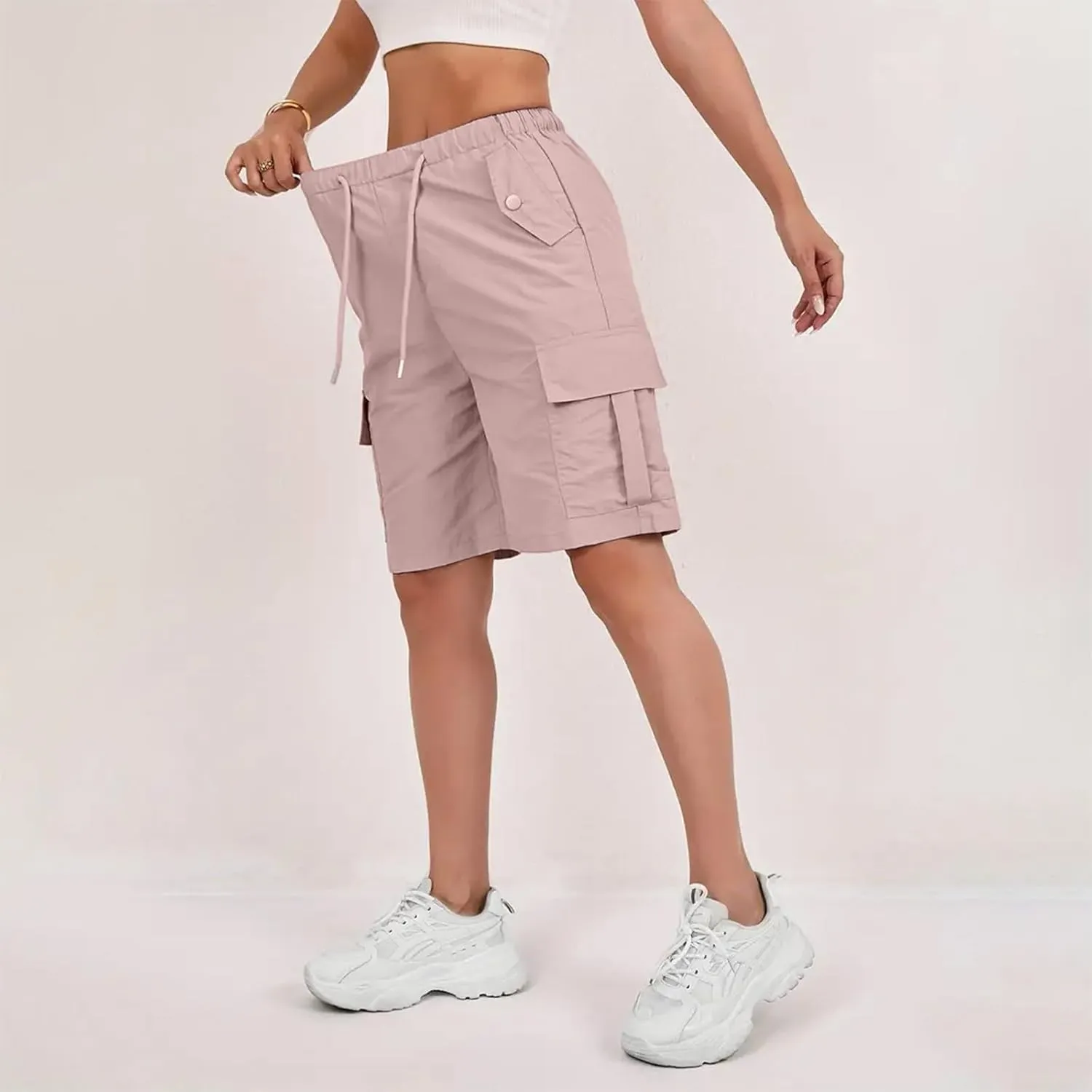 Gumipy Bermuda Shorts for Women Quick Dry Cargo Shorts with Pockets Elastic Waist Drawstring Knee Length Hiking Short