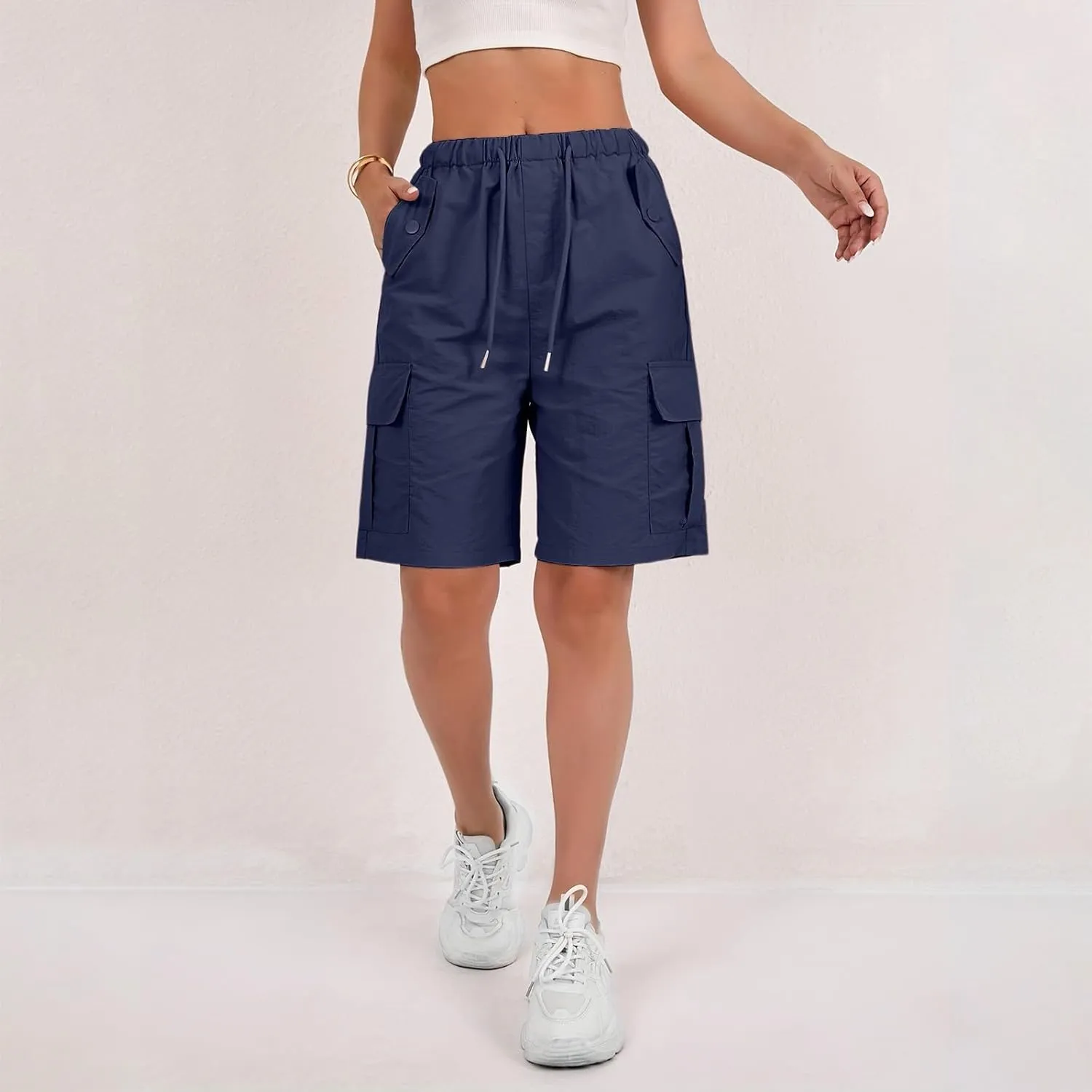 Gumipy Bermuda Shorts for Women Quick Dry Cargo Shorts with Pockets Elastic Waist Drawstring Knee Length Hiking Short