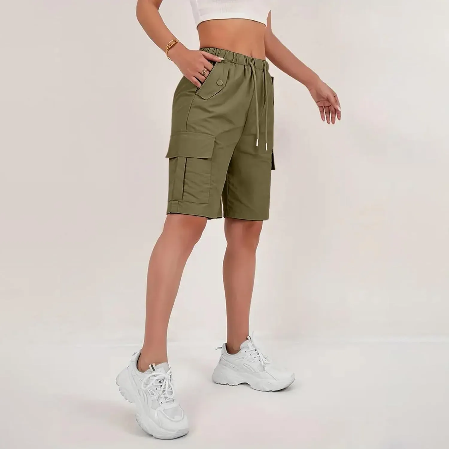 Gumipy Bermuda Shorts for Women Quick Dry Cargo Shorts with Pockets Elastic Waist Drawstring Knee Length Hiking Short