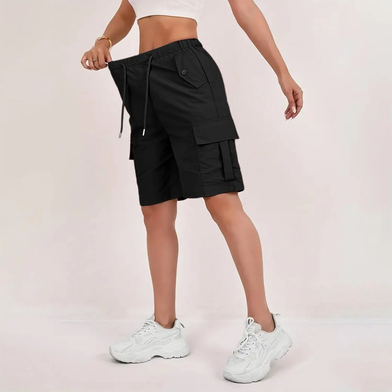 Gumipy Bermuda Shorts for Women Quick Dry Cargo Shorts with Pockets Elastic Waist Drawstring Knee Length Hiking Short
