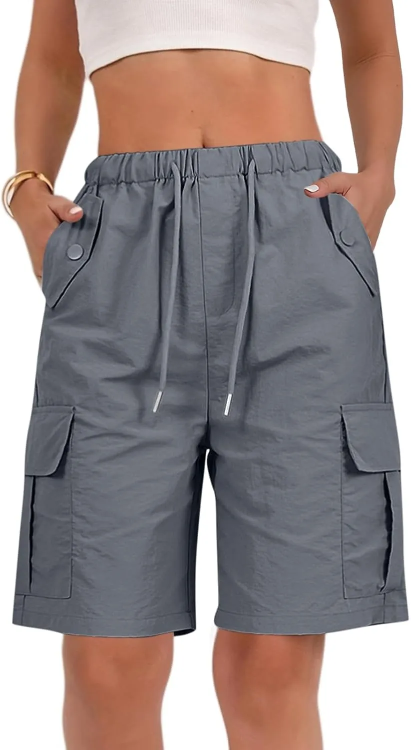 Gumipy Bermuda Shorts for Women Quick Dry Cargo Shorts with Pockets Elastic Waist Drawstring Knee Length Hiking Short