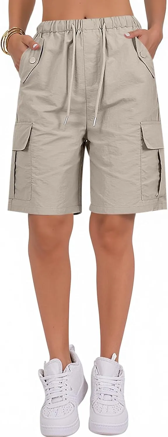 Gumipy Bermuda Shorts for Women Quick Dry Cargo Shorts with Pockets Elastic Waist Drawstring Knee Length Hiking Short