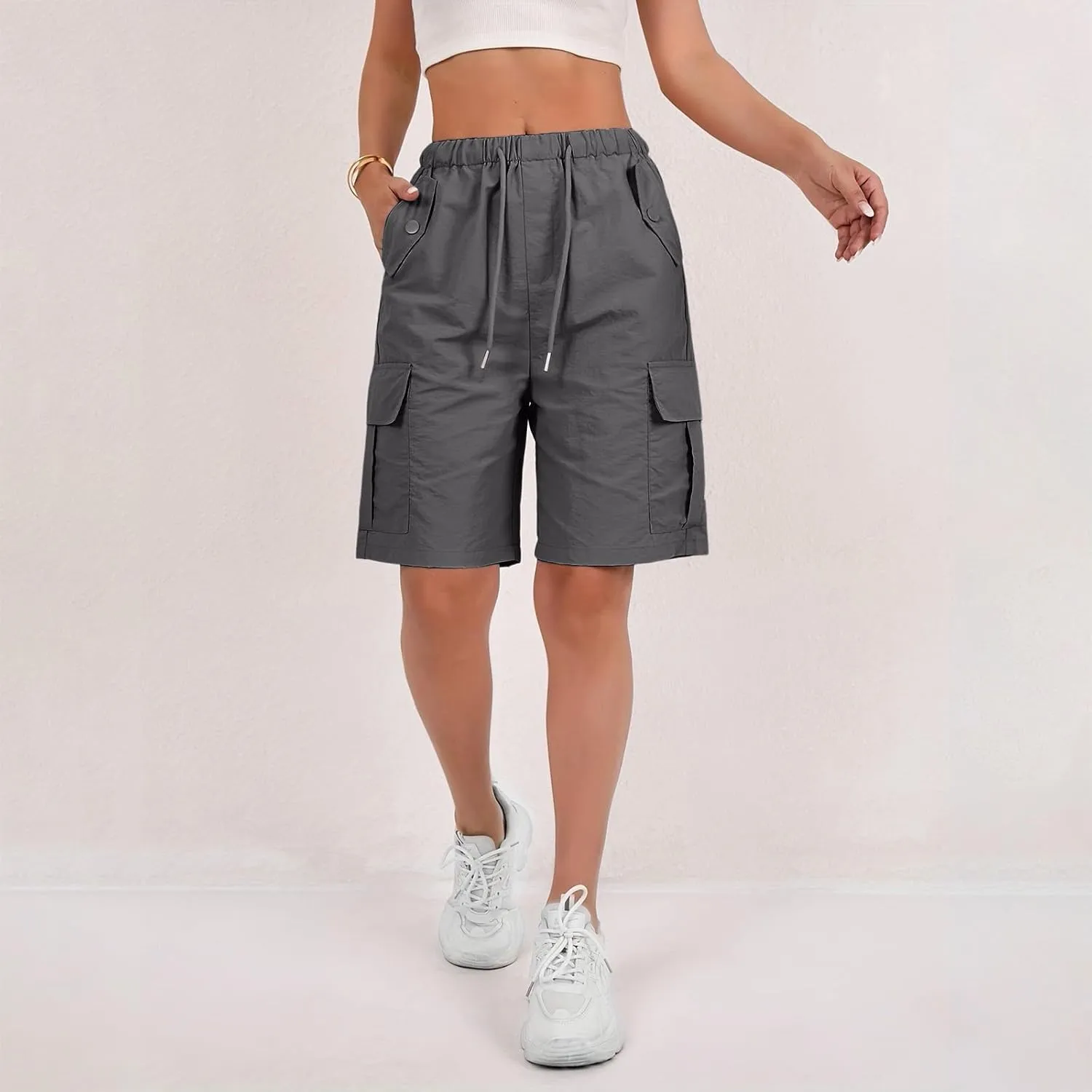 Gumipy Bermuda Shorts for Women Quick Dry Cargo Shorts with Pockets Elastic Waist Drawstring Knee Length Hiking Short