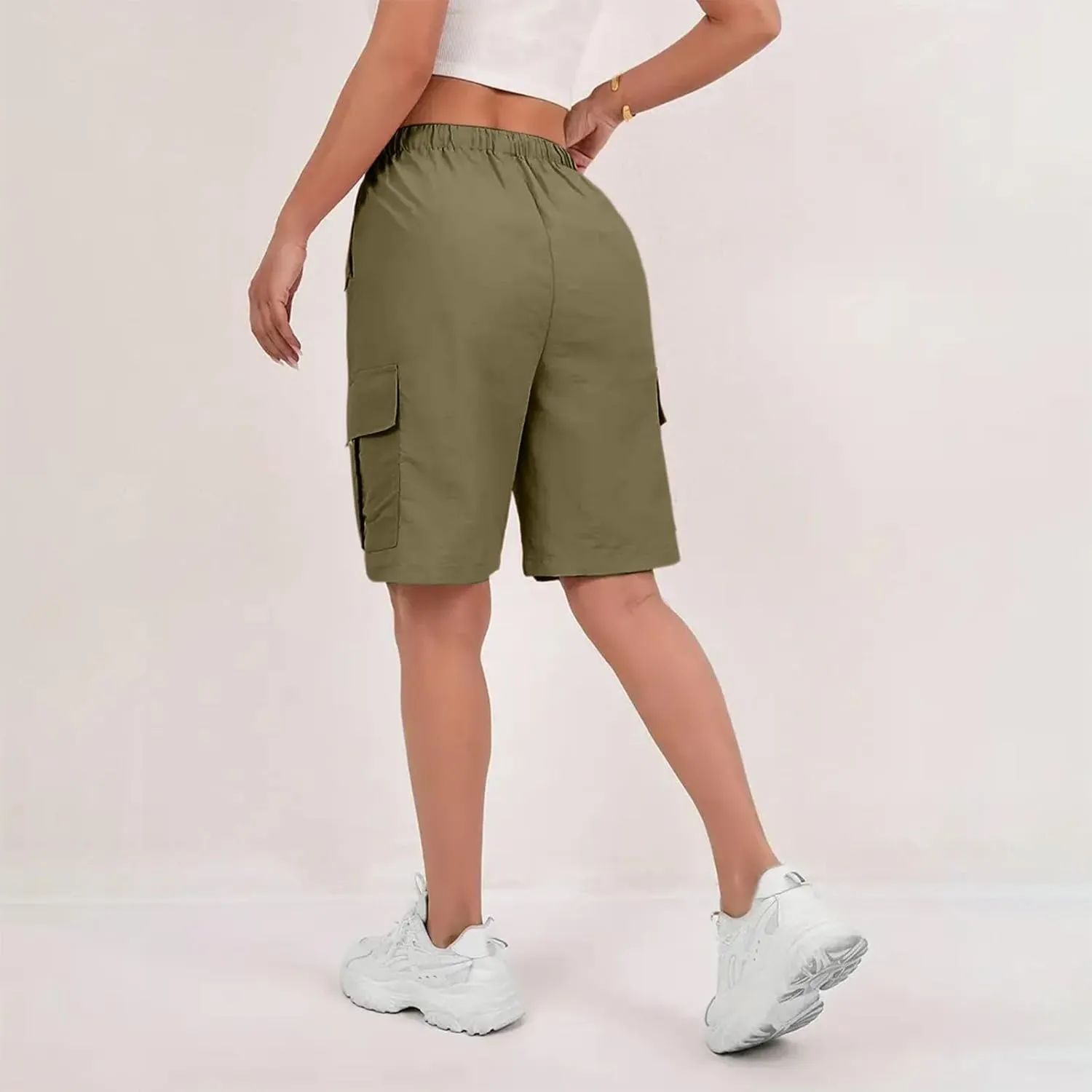 Gumipy Bermuda Shorts for Women Quick Dry Cargo Shorts with Pockets Elastic Waist Drawstring Knee Length Hiking Short