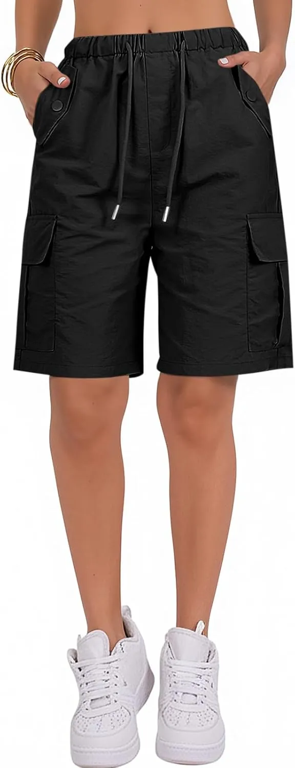 Gumipy Bermuda Shorts for Women Quick Dry Cargo Shorts with Pockets Elastic Waist Drawstring Knee Length Hiking Short