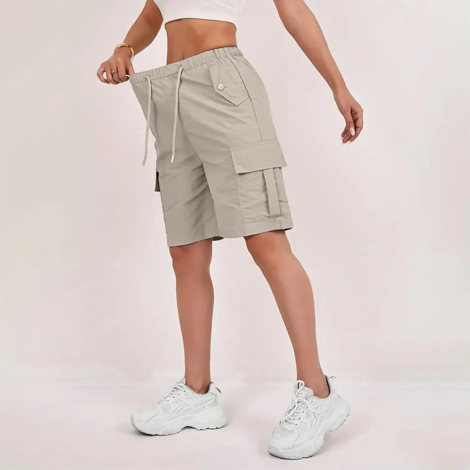 Gumipy Bermuda Shorts for Women Quick Dry Cargo Shorts with Pockets Elastic Waist Drawstring Knee Length Hiking Short