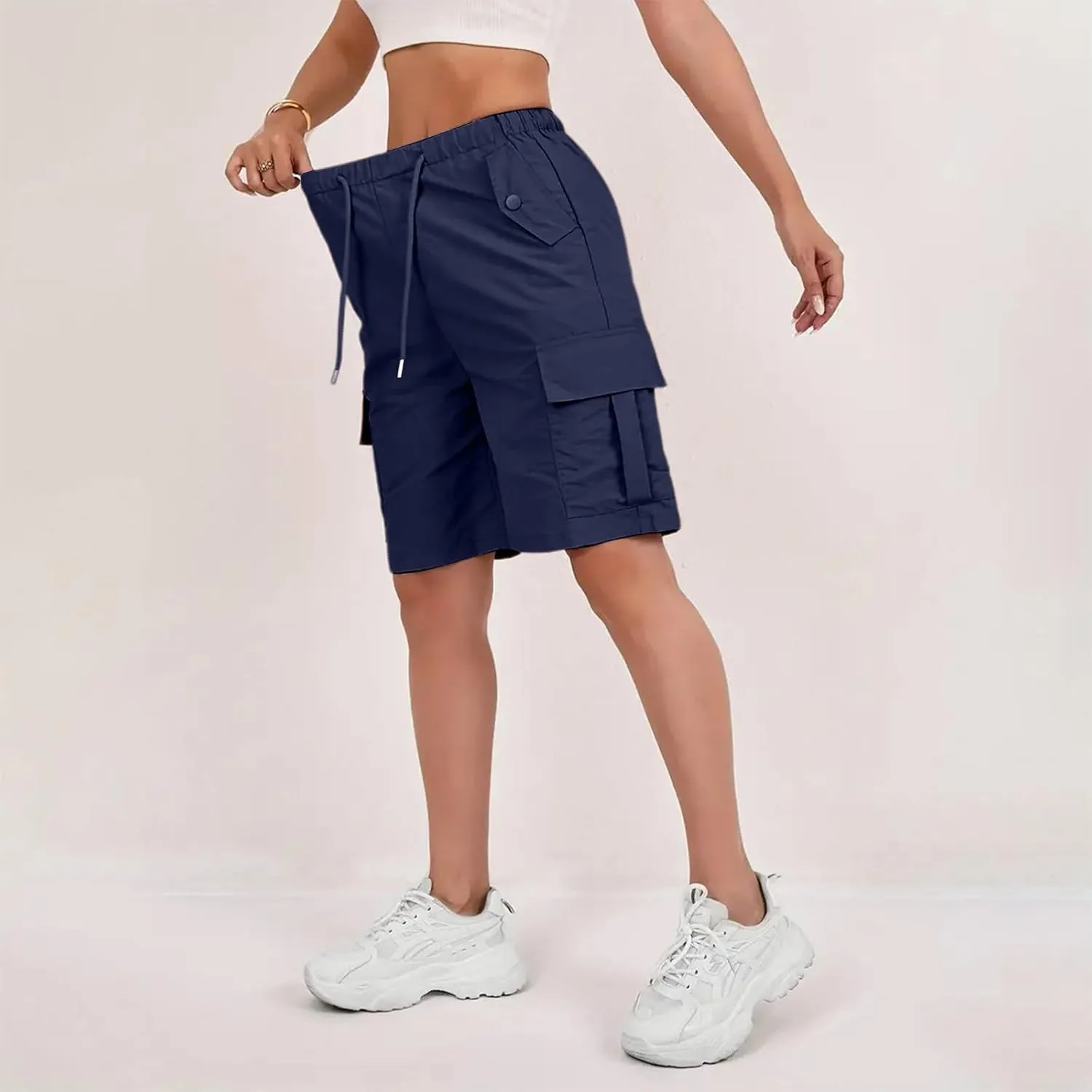 Gumipy Bermuda Shorts for Women Quick Dry Cargo Shorts with Pockets Elastic Waist Drawstring Knee Length Hiking Short