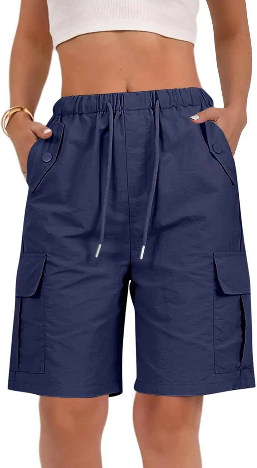 Gumipy Bermuda Shorts for Women Quick Dry Cargo Shorts with Pockets Elastic Waist Drawstring Knee Length Hiking Short