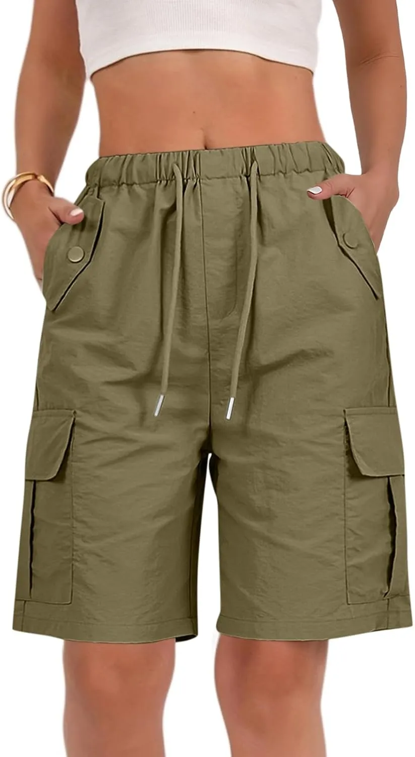 Gumipy Bermuda Shorts for Women Quick Dry Cargo Shorts with Pockets Elastic Waist Drawstring Knee Length Hiking Short