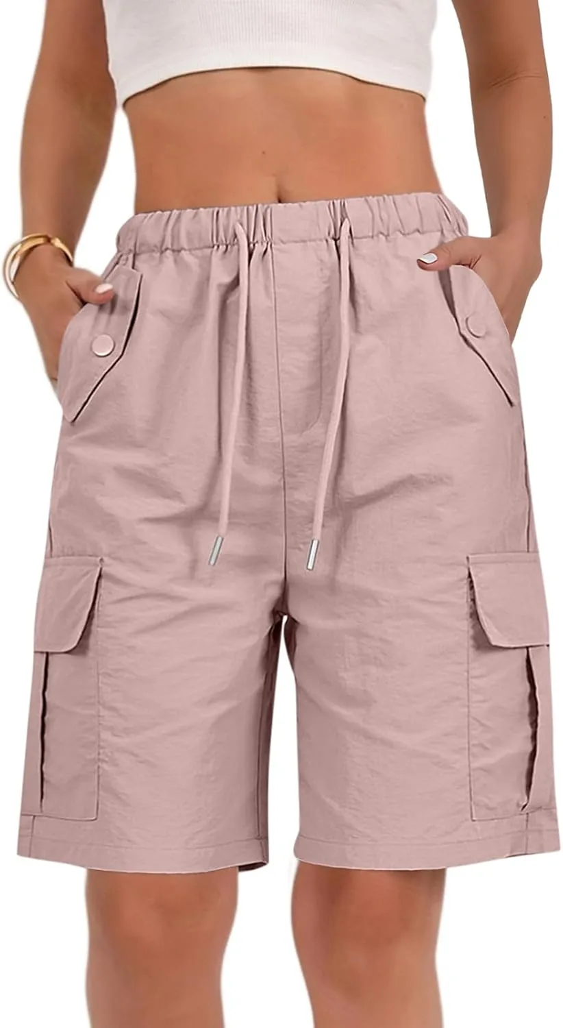 Gumipy Bermuda Shorts for Women Quick Dry Cargo Shorts with Pockets Elastic Waist Drawstring Knee Length Hiking Short