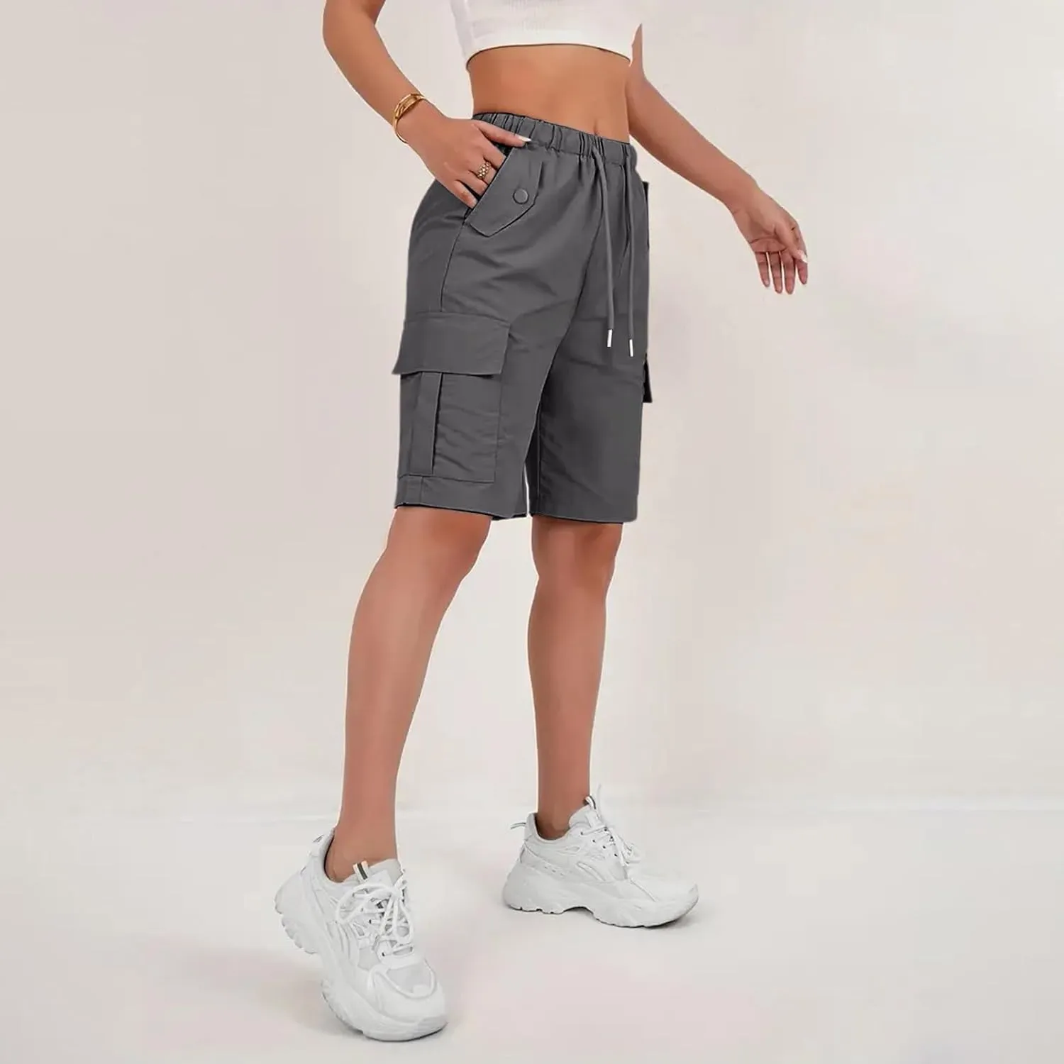 Gumipy Bermuda Shorts for Women Quick Dry Cargo Shorts with Pockets Elastic Waist Drawstring Knee Length Hiking Short