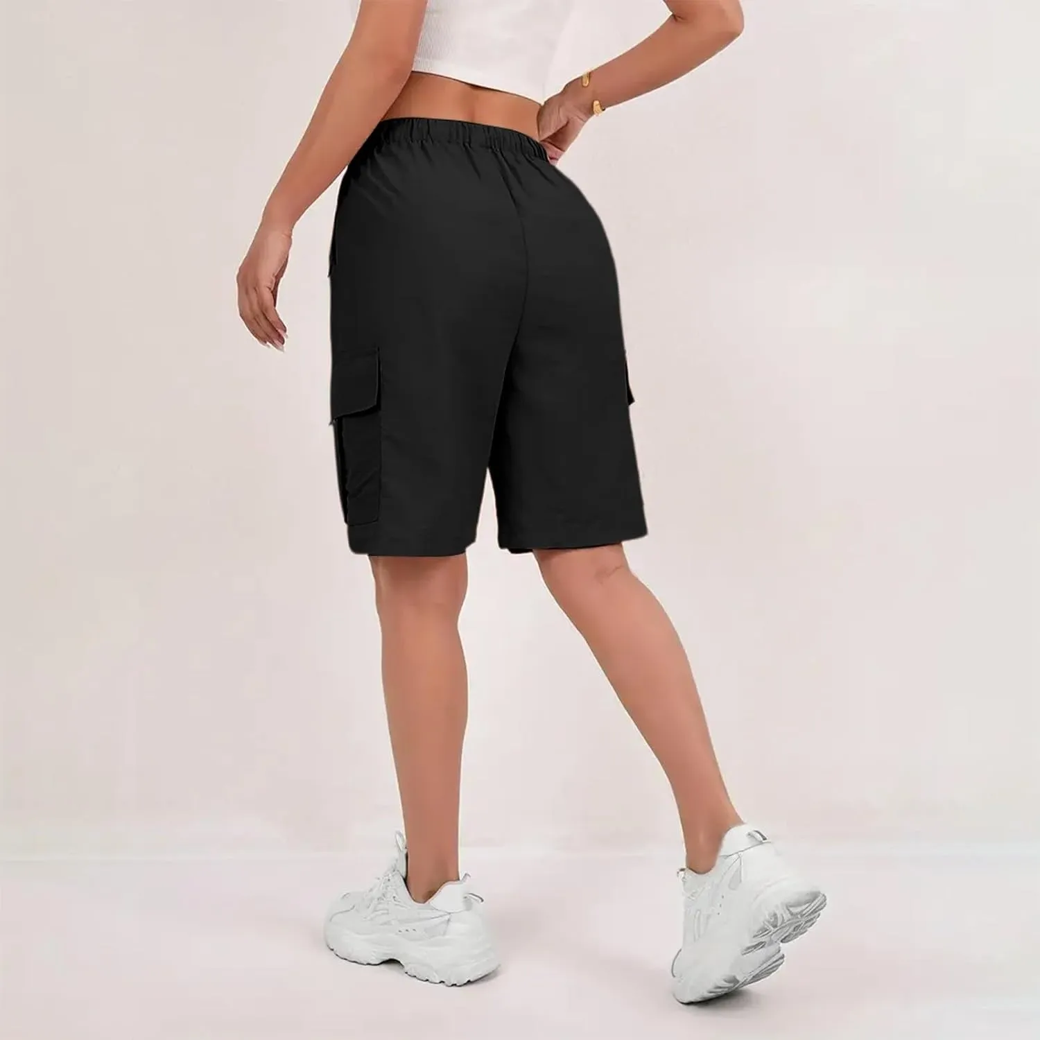 Gumipy Bermuda Shorts for Women Quick Dry Cargo Shorts with Pockets Elastic Waist Drawstring Knee Length Hiking Short