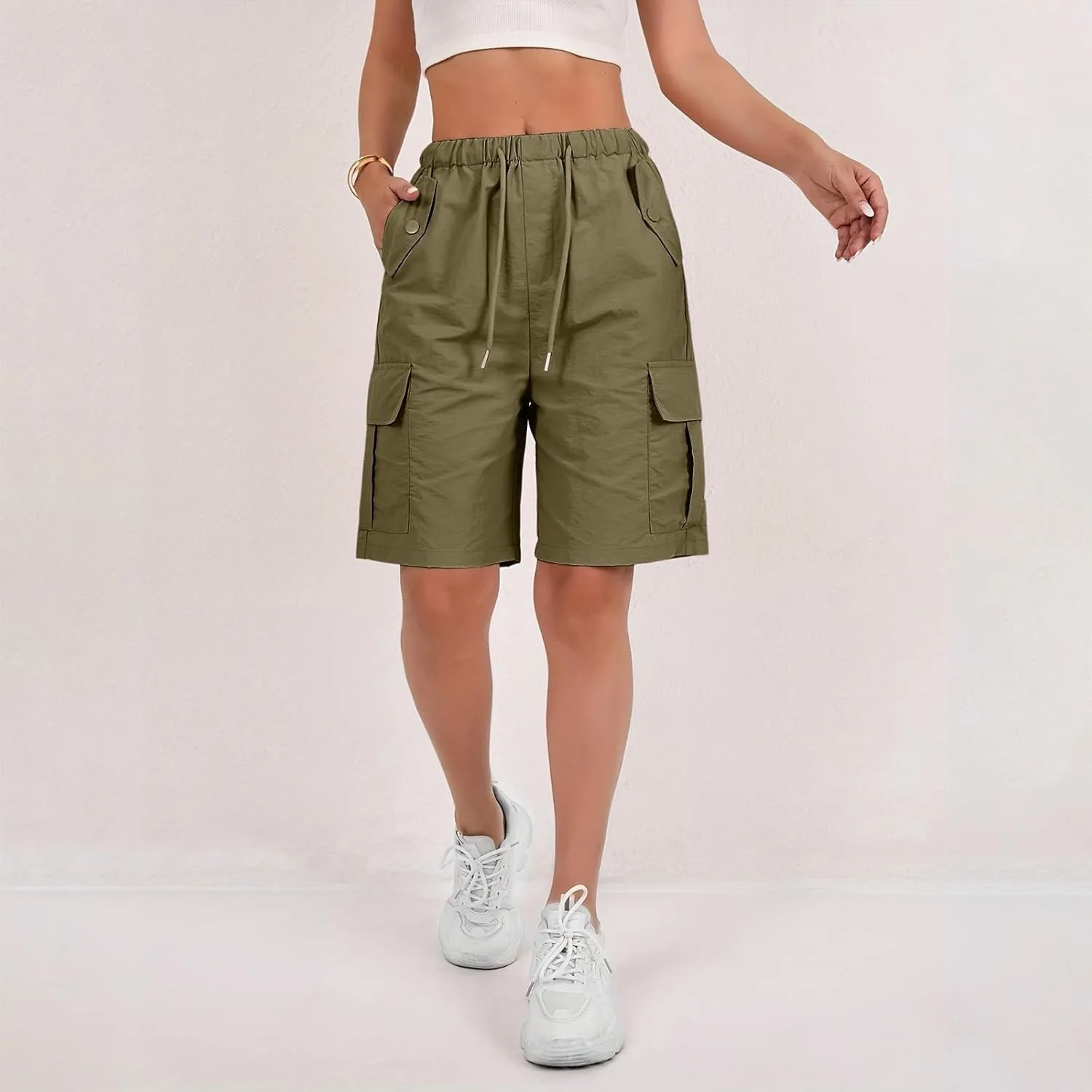 Gumipy Bermuda Shorts for Women Quick Dry Cargo Shorts with Pockets Elastic Waist Drawstring Knee Length Hiking Short