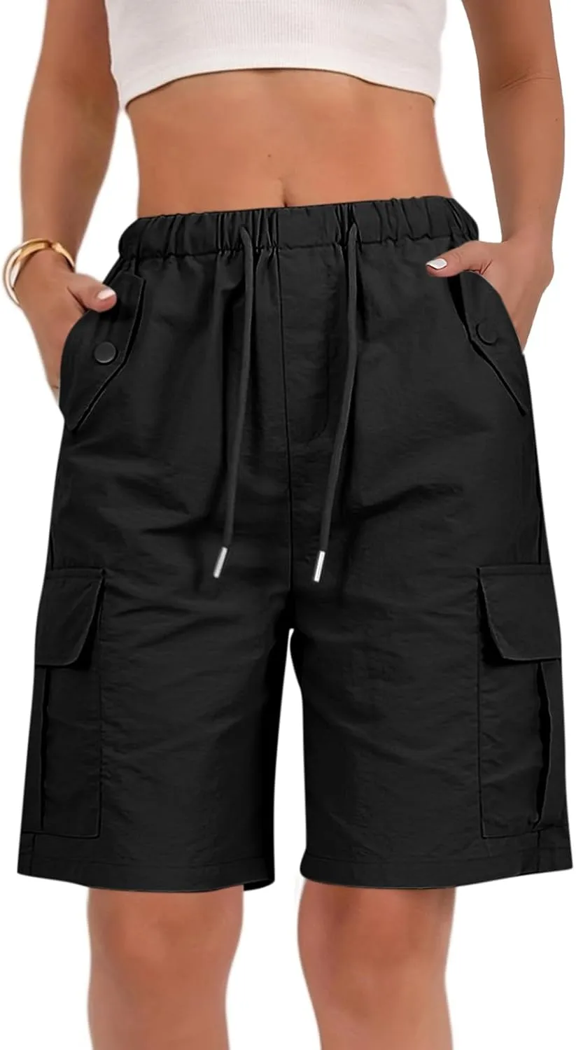 Gumipy Bermuda Shorts for Women Quick Dry Cargo Shorts with Pockets Elastic Waist Drawstring Knee Length Hiking Short