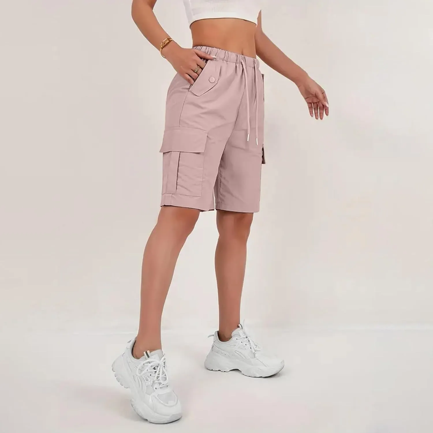 Gumipy Bermuda Shorts for Women Quick Dry Cargo Shorts with Pockets Elastic Waist Drawstring Knee Length Hiking Short