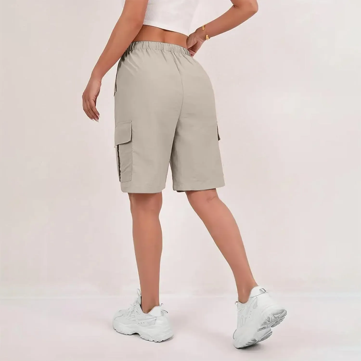 Gumipy Bermuda Shorts for Women Quick Dry Cargo Shorts with Pockets Elastic Waist Drawstring Knee Length Hiking Short